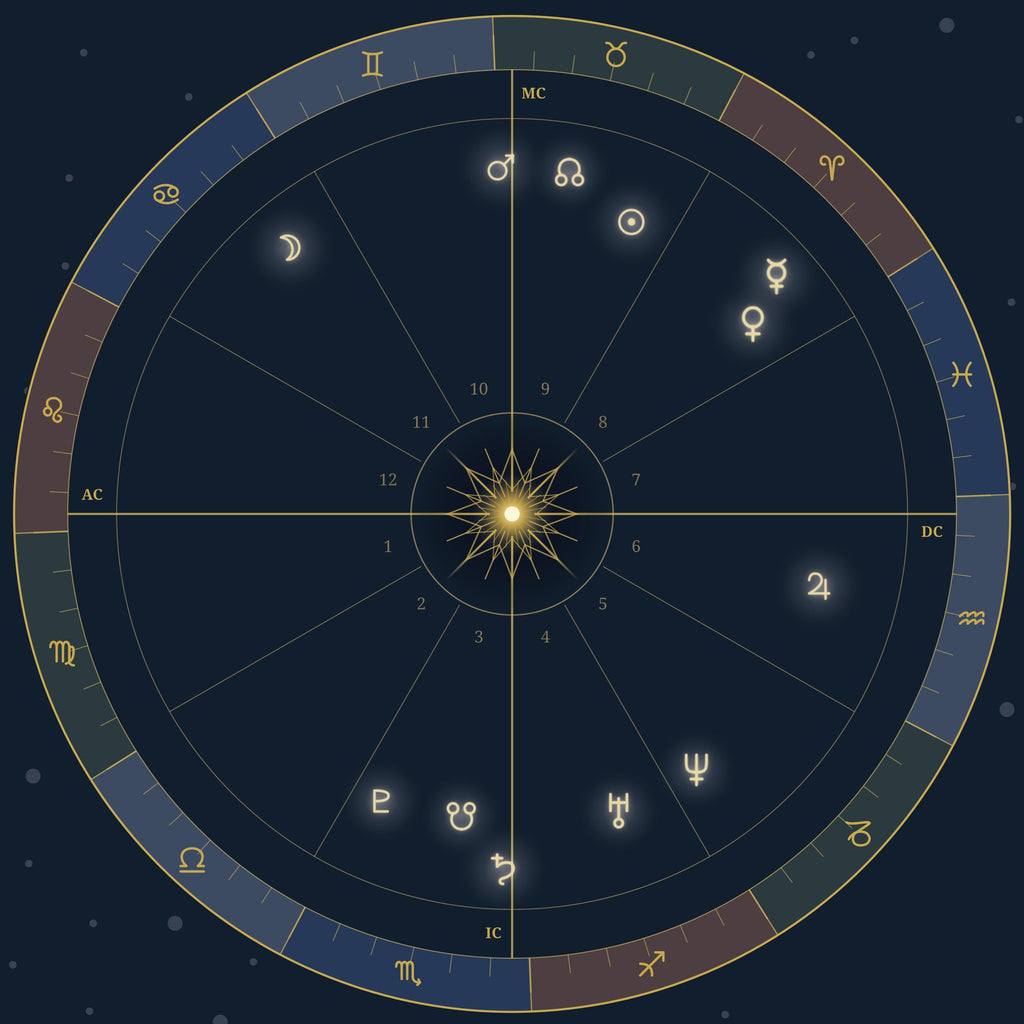 Close-up of the natal chart wheel, every planet at its exact degree